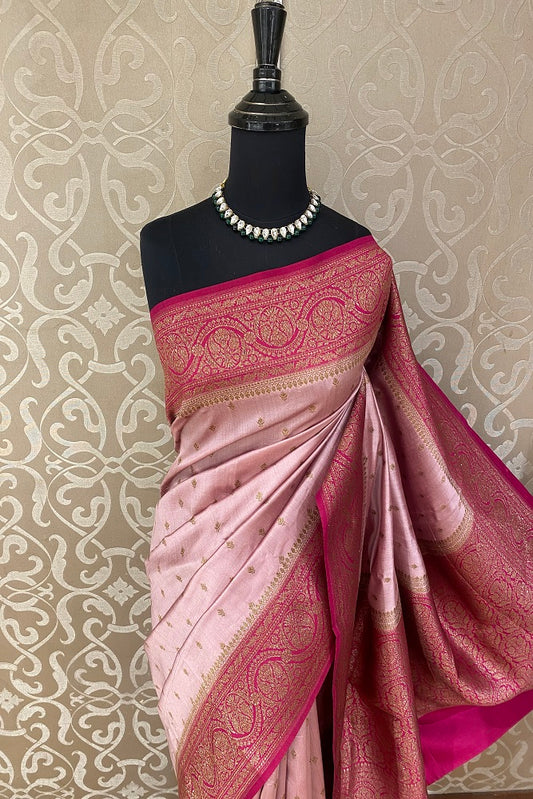 Peaches Pink Pure Munga Banarasi Silk Saree, Hand Woven Motifs With Unstiched Blouse