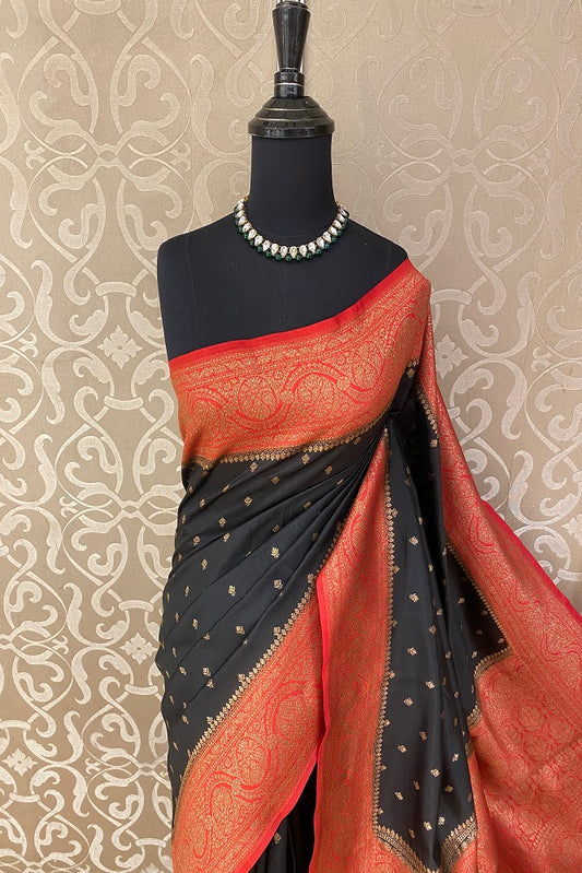 Black Pure Munga Banarasi Silk Saree, Hand Woven Motifs With Unstiched Blouse