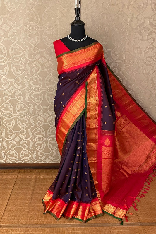 Dark Purple Gadwal Silk Saree With Unstiched Contrast Blouse