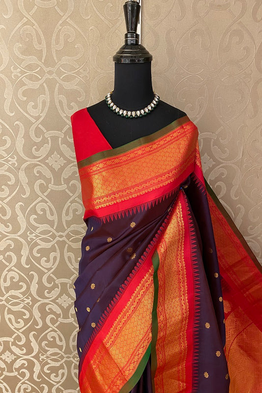 Dark Purple Gadwal Silk Saree With Unstiched Contrast Blouse