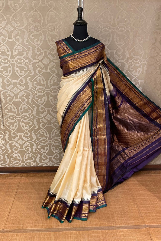 Offwhite Gadwal Silk Saree With Unstiched Contrast Blouse