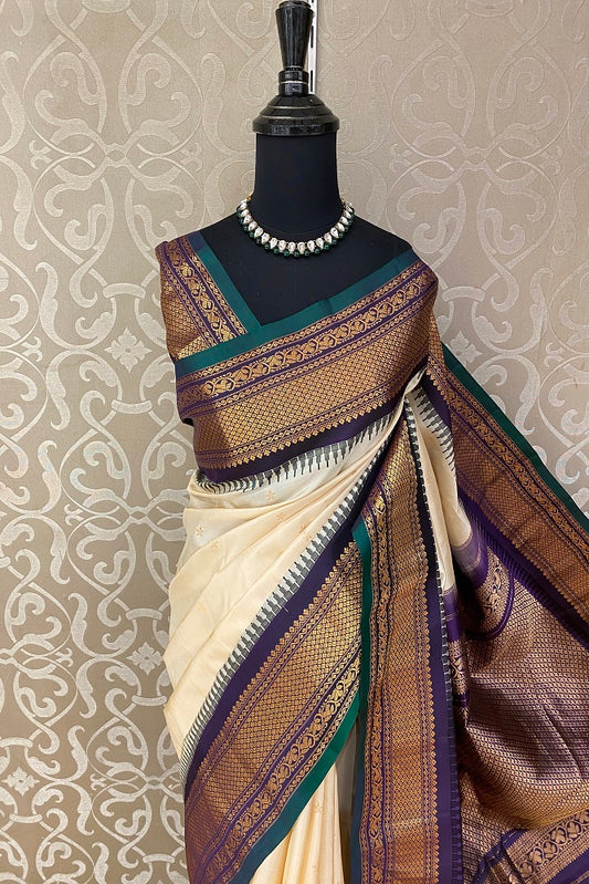 Offwhite Gadwal Silk Saree With Unstiched Contrast Blouse