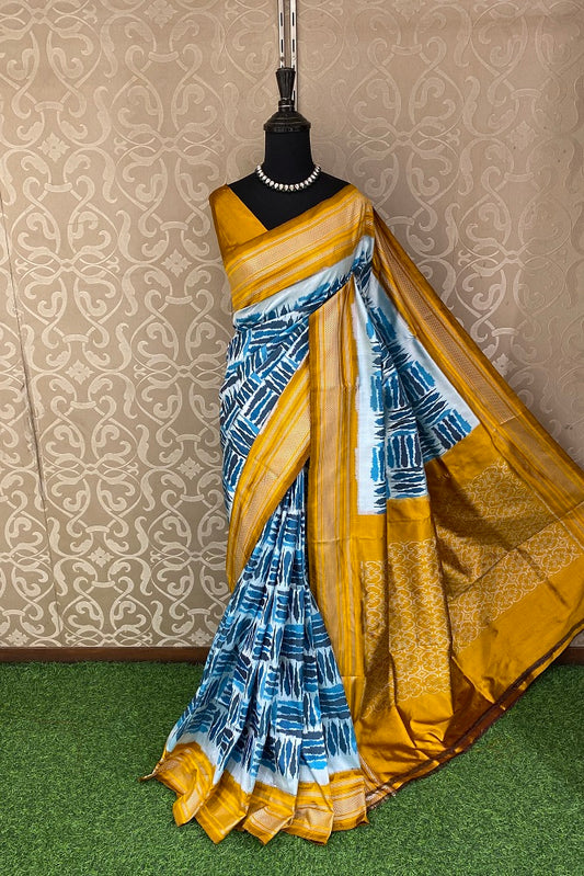 Blue Pochampally Ikat Silk Saree, White Colour Weaving With Unstiched Blouse