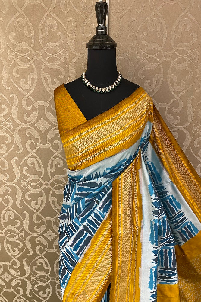 Blue Pochampally Ikat Silk Saree, White Colour Weaving With Unstiched Blouse