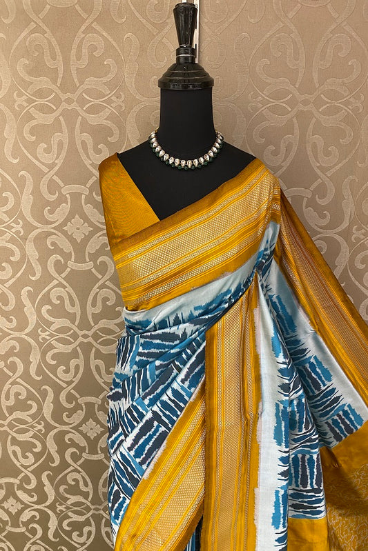 Blue Pochampally Ikat Silk Saree, White Colour Weaving With Unstiched Blouse