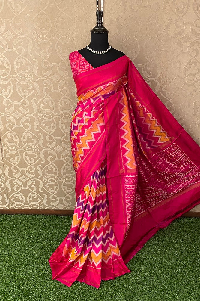 Multi Pochampally Ikat Silk Saree, White Colour Weaving With Unstiched Blouse