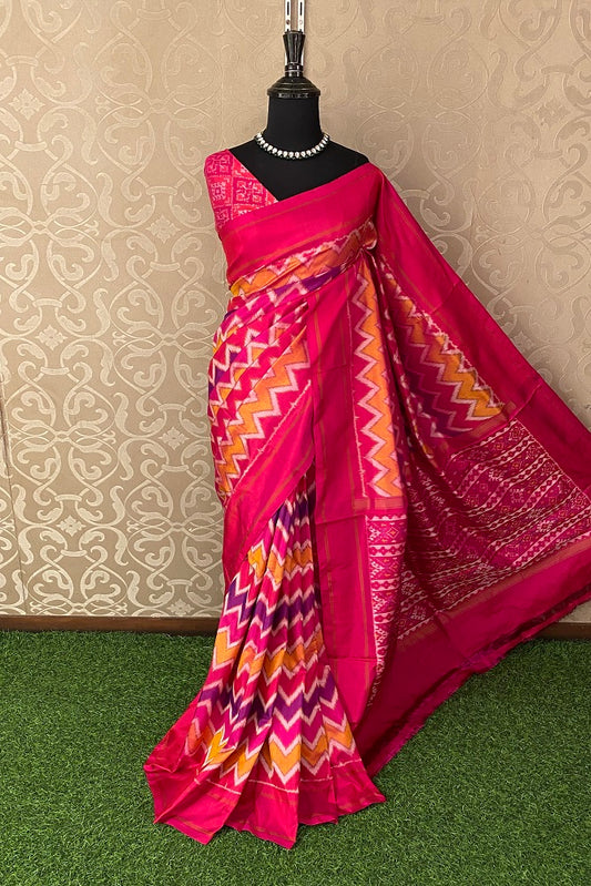 Multi Pochampally Ikat Silk Saree, White Colour Weaving With Unstiched Blouse