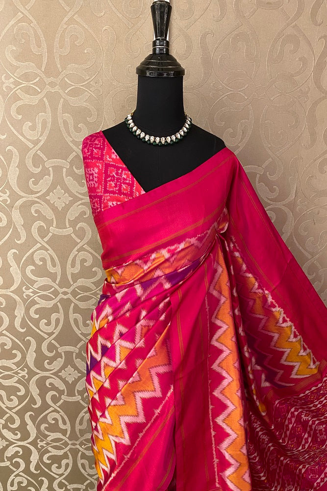 Multi Pochampally Ikat Silk Saree, White Colour Weaving With Unstiched Blouse