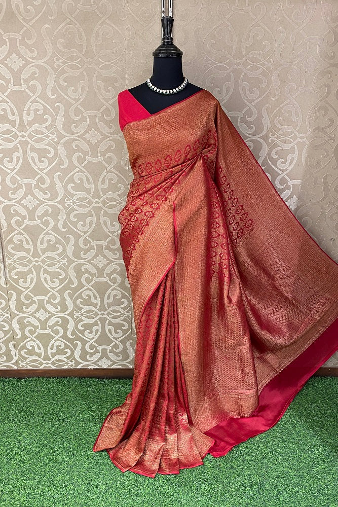 Red Banarasi Brocade Crepe Silk Party Wear Saree, With Unstitched Blouse