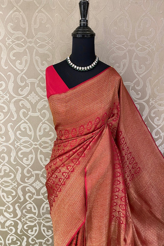 Red Banarasi Brocade Crepe Silk Party Wear Saree, With Unstitched Blouse