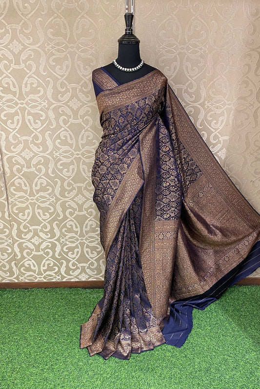 Navy Blue Banarasi Brocade Crepe Silk Party Wear Saree, With Unstitched Blouse