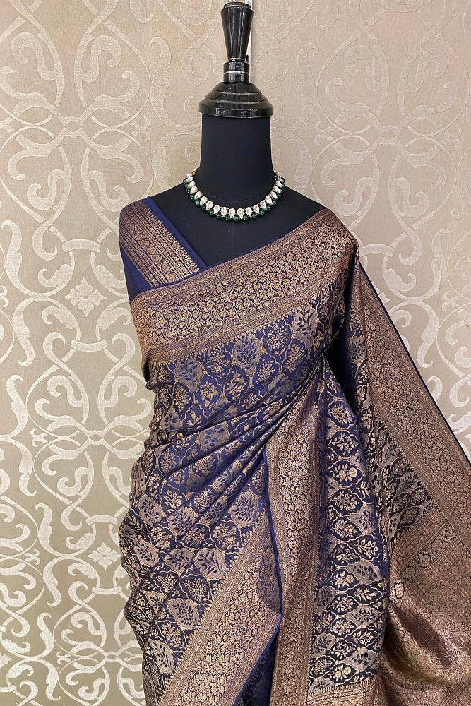 Navy Blue Banarasi Brocade Crepe Silk Party Wear Saree, With Unstitched Blouse