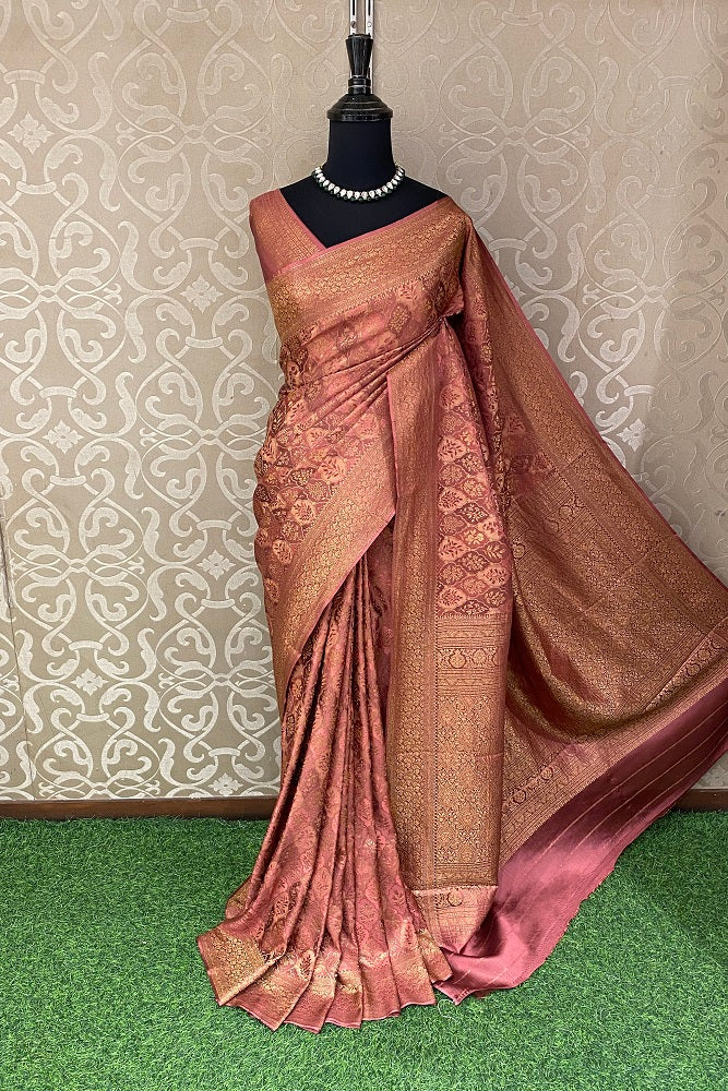 Mauve Pink Banarasi Brocade Crepe Silk Party Wear Saree, With Unstitched Blouse