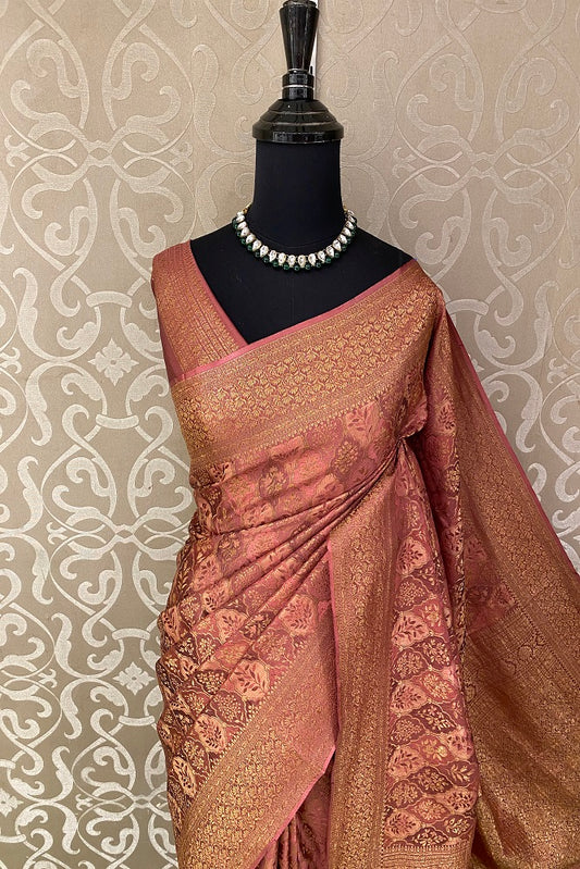Mauve Pink Banarasi Brocade Crepe Silk Party Wear Saree, With Unstitched Blouse