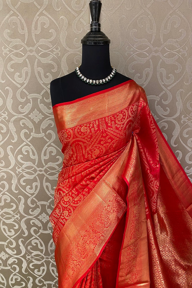 Red Pure Kanjeevaram Silk Saree, With Unstiched Blouse