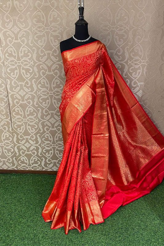 Red Pure Kanjeevaram Silk Saree, With Unstiched Blouse
