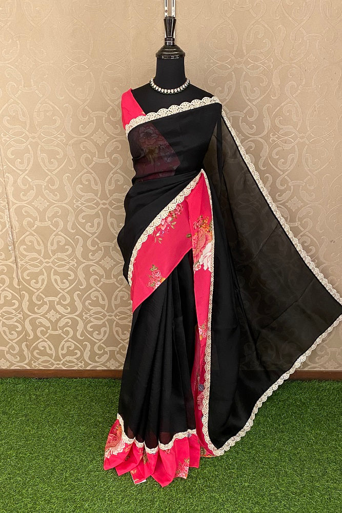 Black Organza Saree Printed Border With Embroidery Work, Unstitched Blouse