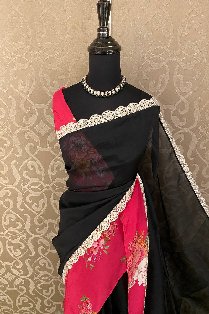 Black Organza Saree Printed Border With Embroidery Work, Unstitched Blouse
