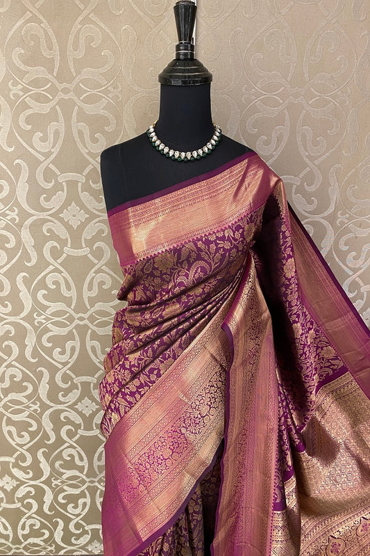 Golden Purple Pure Kanjeevaram Silk Saree, With Unstiched Blouse