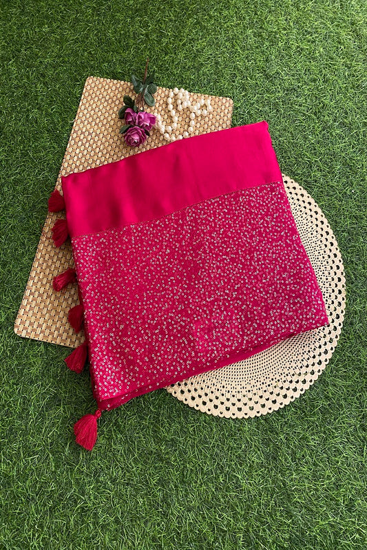 Pink Satin Silk Saree With Sequence Work, Unstitched Blouse