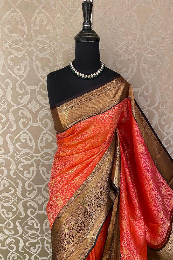 Golden Orange Pure Kanjeevaram Silk Saree, With Unstiched Blouse