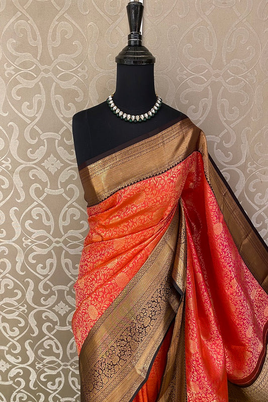 Golden Orange Pure Kanjeevaram Silk Saree, With Unstiched Blouse