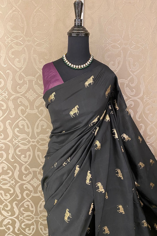Black Chiniya Silk Saree Hand Woven Butas, With Unstiched Blouse