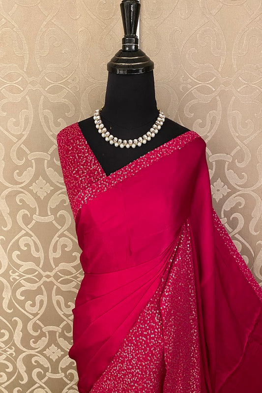Pink Satin Silk Saree With Sequence Work, Unstitched Blouse