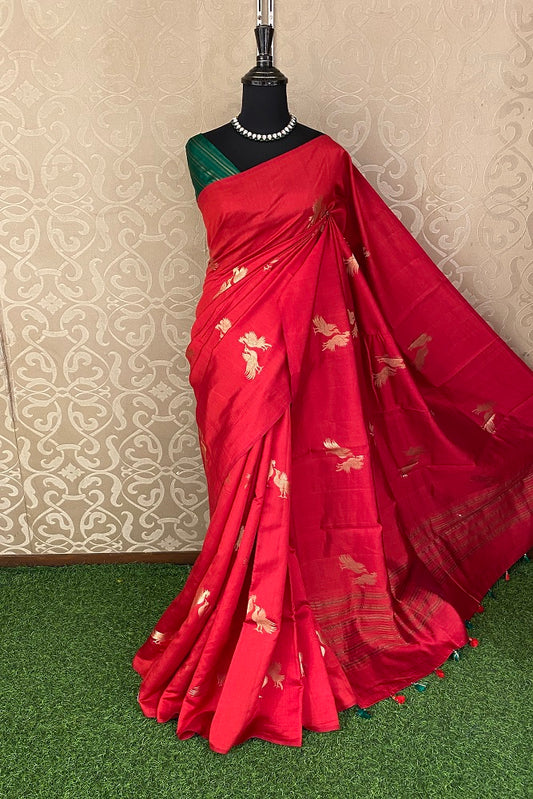 Red Chiniya Silk Saree Hand Woven Butas, With Unstiched Blouse