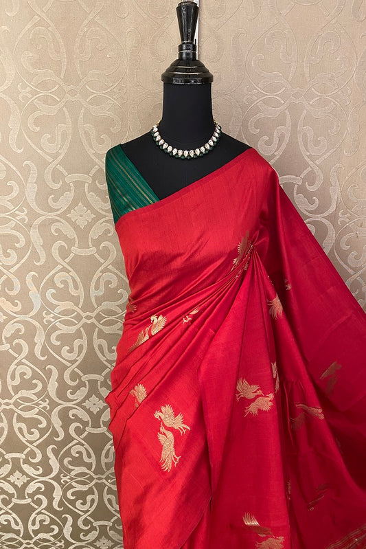 Red Chiniya Silk Saree Hand Woven Butas, With Unstiched Blouse