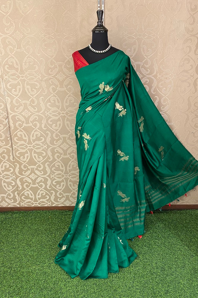 Deep Green Chiniya Silk Saree Hand Woven Butas, With Unstiched Blouse