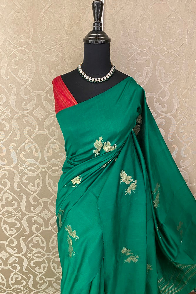 Deep Green Chiniya Silk Saree Hand Woven Butas, With Unstiched Blouse