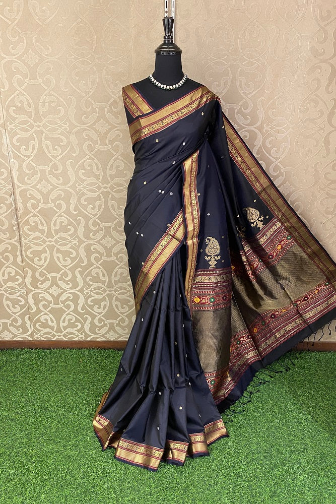Black Pure Coimbatore Silk Saree, With Unstiched Blouse