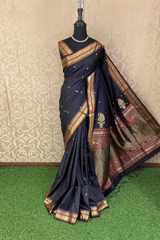 Black Pure Coimbatore Silk Saree, With Unstiched Blouse