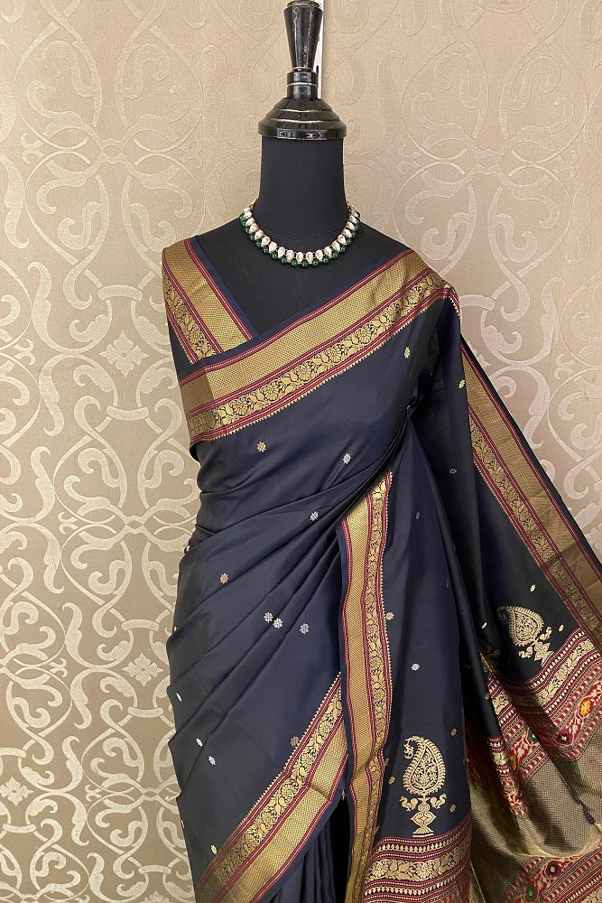 Black Pure Coimbatore Silk Saree, With Unstiched Blouse