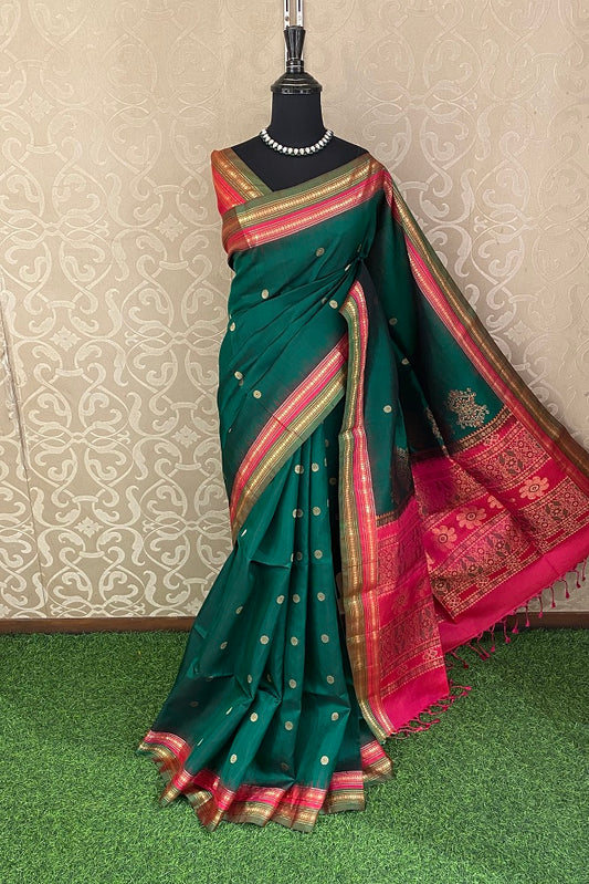 Forest Green Pure Coimbatore Silk Saree, With Unstiched Blouse
