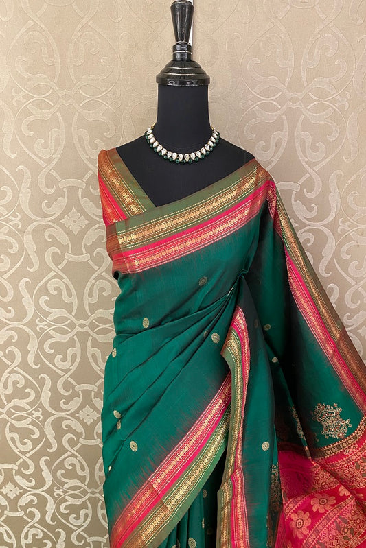 Forest Green Pure Coimbatore Silk Saree, With Unstiched Blouse