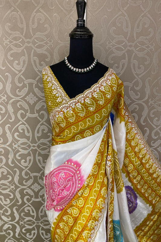 White & Yellow Satin Crepe Silk Hand Embroidery Party Wear Saree, With Unstiched Blouse