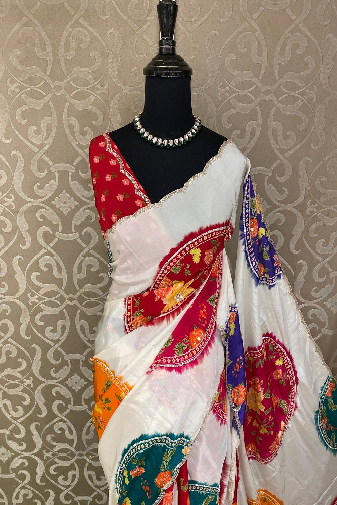 White Satin Crepe Silk Hand Embroidery Party Wear Saree, With Unstiched Blouse