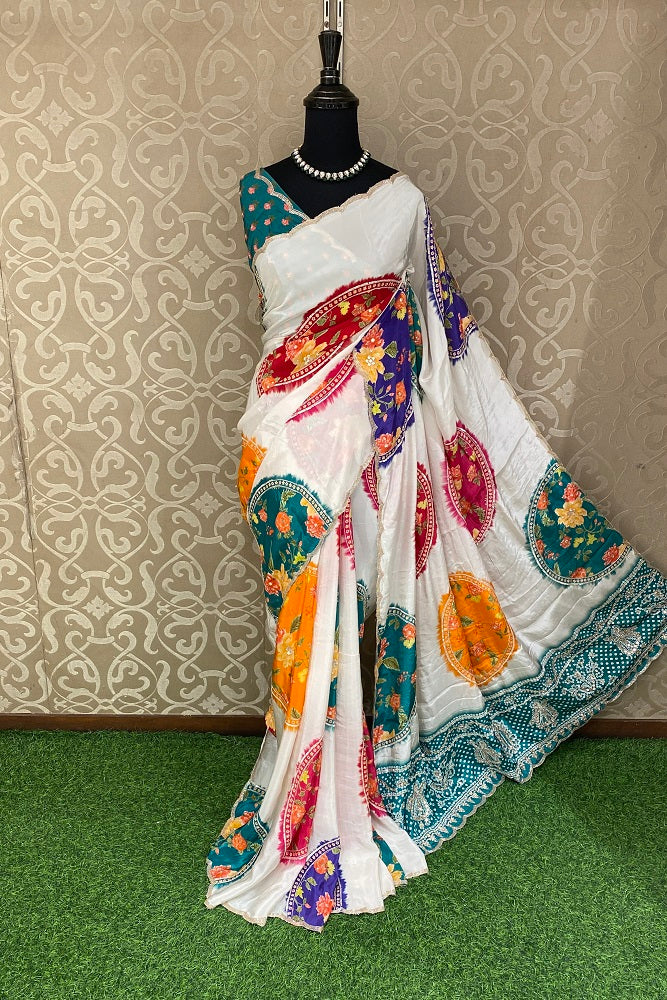 White Satin Crepe Silk Hand Embroidery Party Wear Saree, With Unstiched Blouse