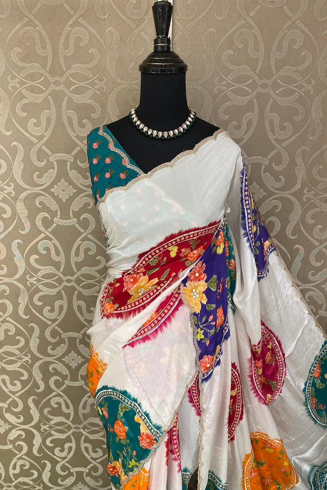 White Satin Crepe Silk Hand Embroidery Party Wear Saree, With Unstiched Blouse