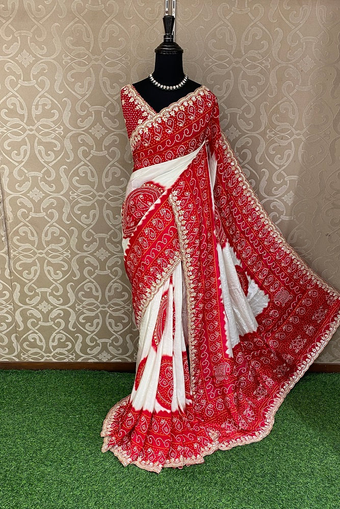 White & Red Satin Crepe Silk Hand Embroidery Party Wear Saree, With Unstiched Blouse