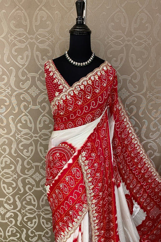 White & Red Satin Crepe Silk Hand Embroidery Party Wear Saree, With Unstiched Blouse