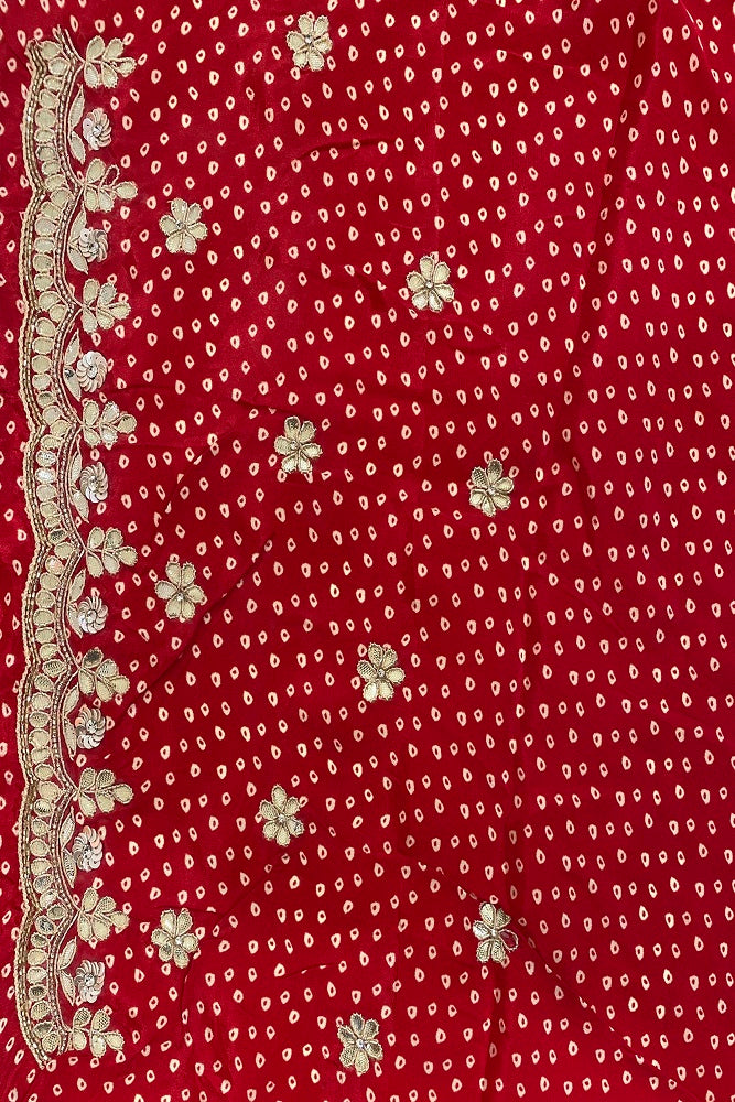 White & Red Satin Crepe Silk Hand Embroidery Party Wear Saree, With Unstiched Blouse