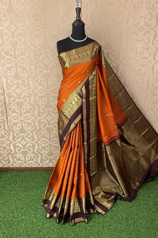 Orange Pure Kanjeevaram Silk Saree, With Unstiched Blouse