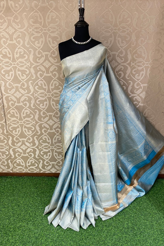 Light Blue Pure Kanjeevaram Silk Saree, With Unstiched Blouse