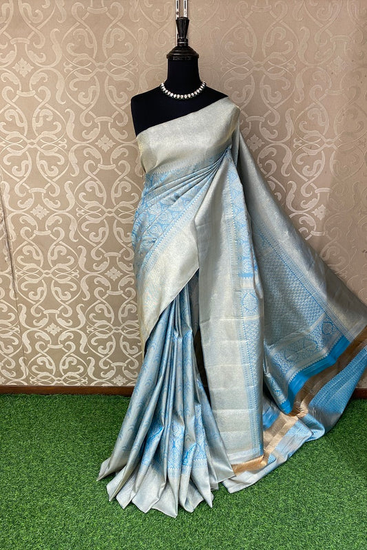 Light Blue Pure Kanjeevaram Silk Saree, With Unstiched Blouse