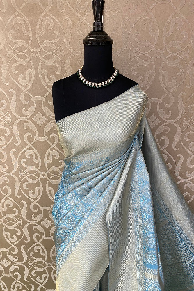 Light Blue Pure Kanjeevaram Silk Saree, With Unstiched Blouse