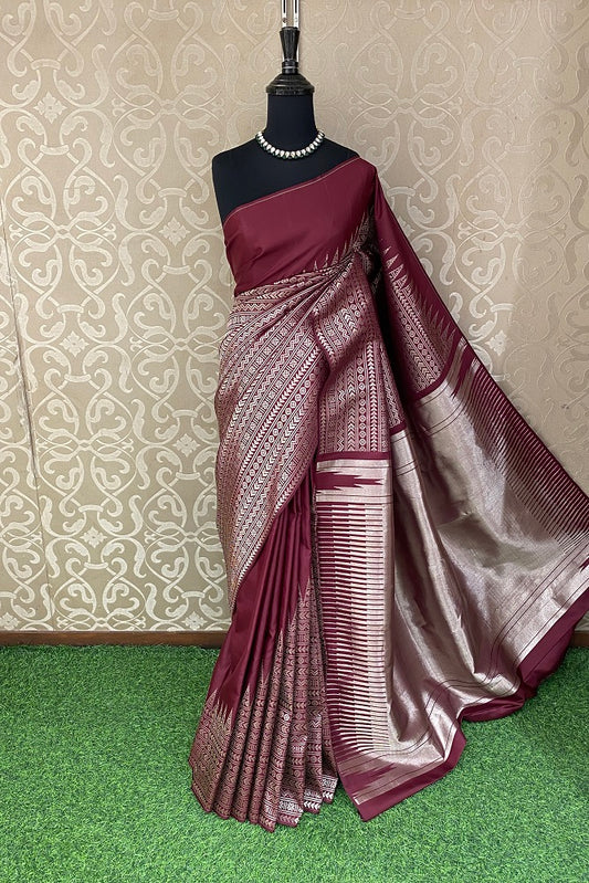 Maroon Pure Kanjeevaram Silk Saree, With Unstiched Blouse