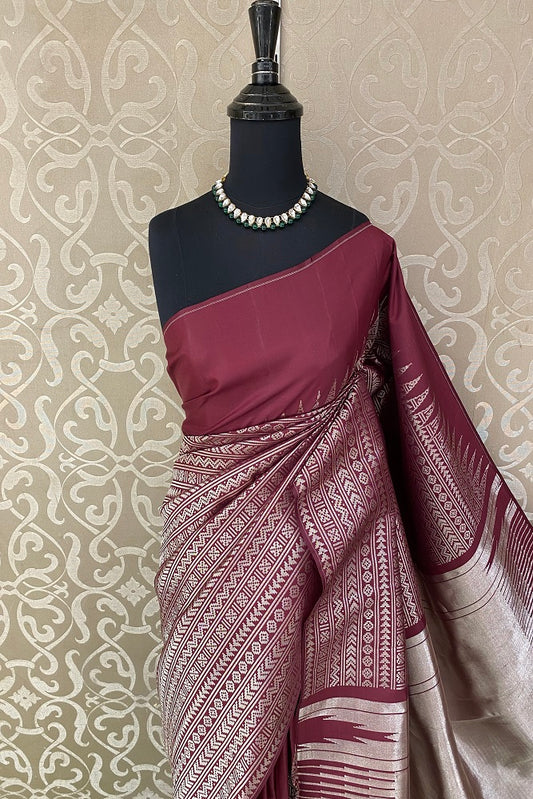 Maroon Pure Kanjeevaram Silk Saree, With Unstiched Blouse